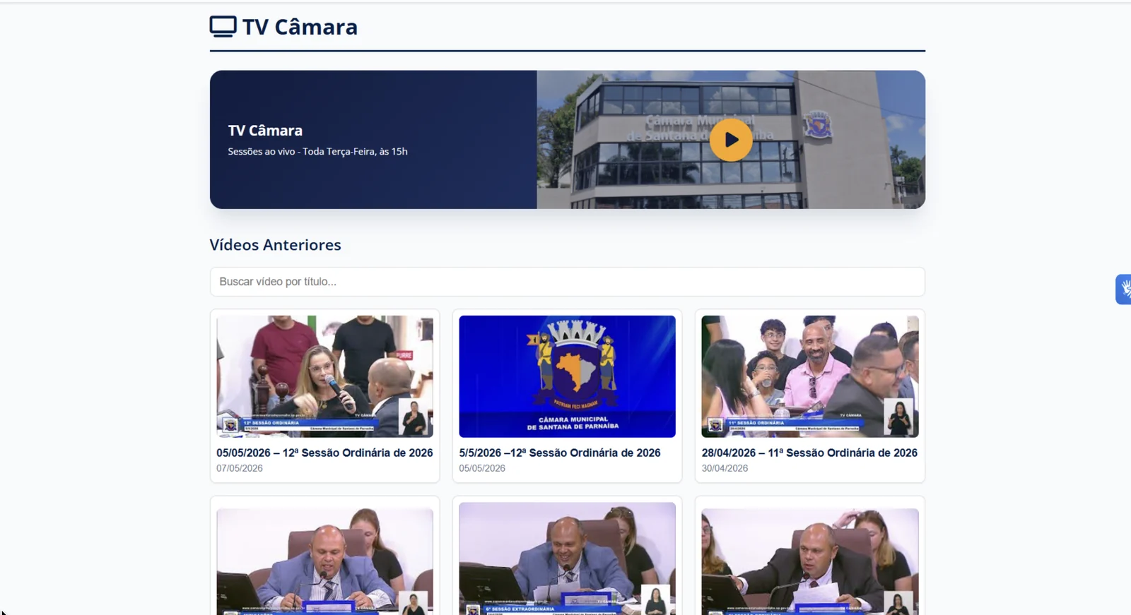 Portal de câmara municipal com área de TV Câmara
